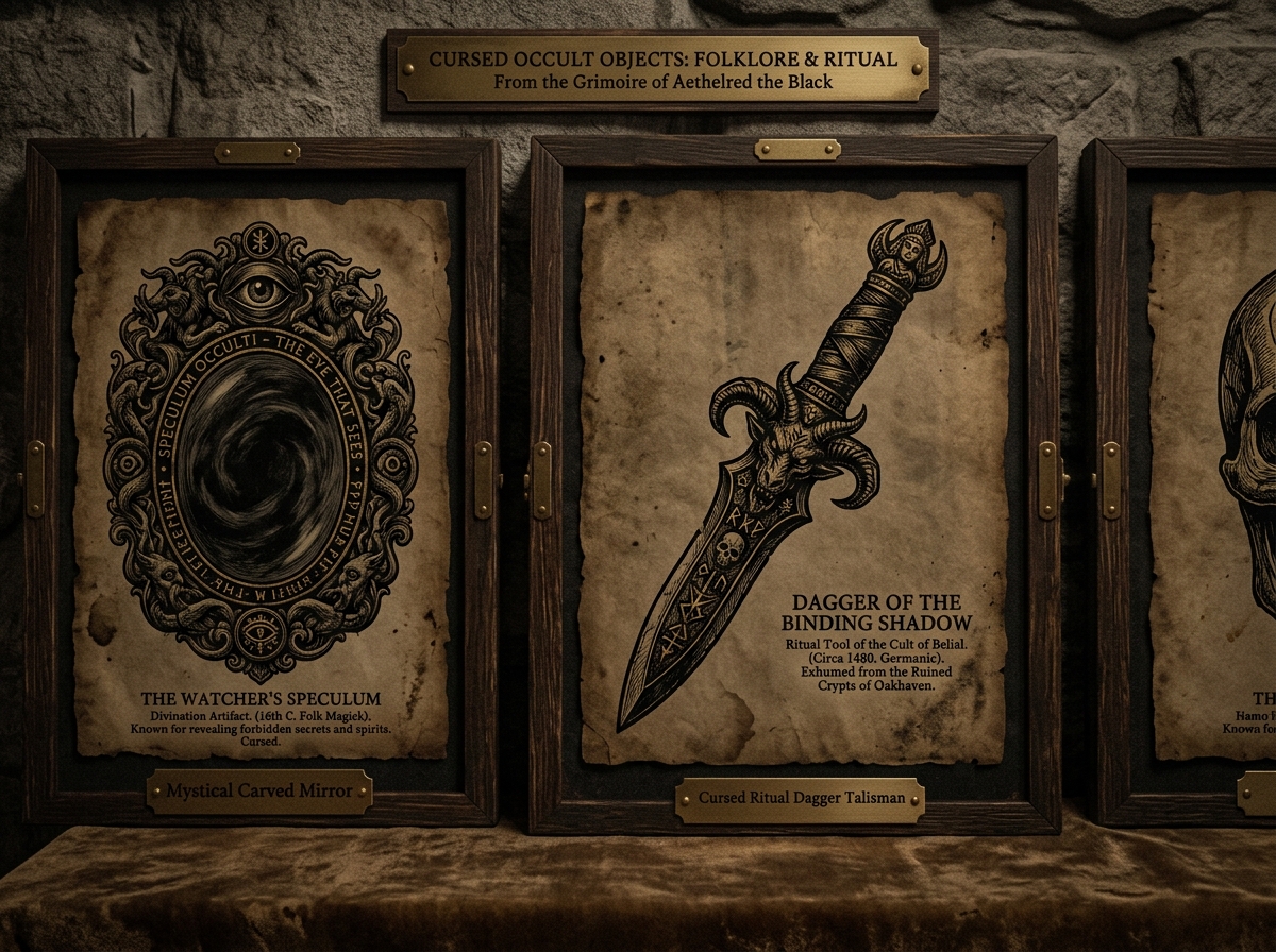 Antique illustration of cursed relics and objects
